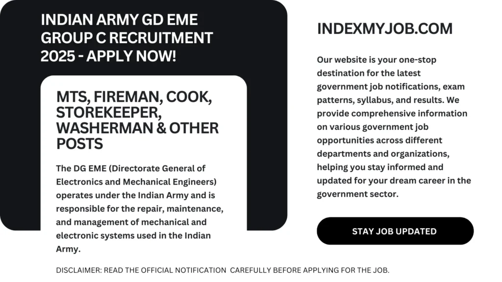 Indian Army GD EME Group C Recruitment 2025 – Apply for MTS, Fireman, Cook, Storekeeper and other posts