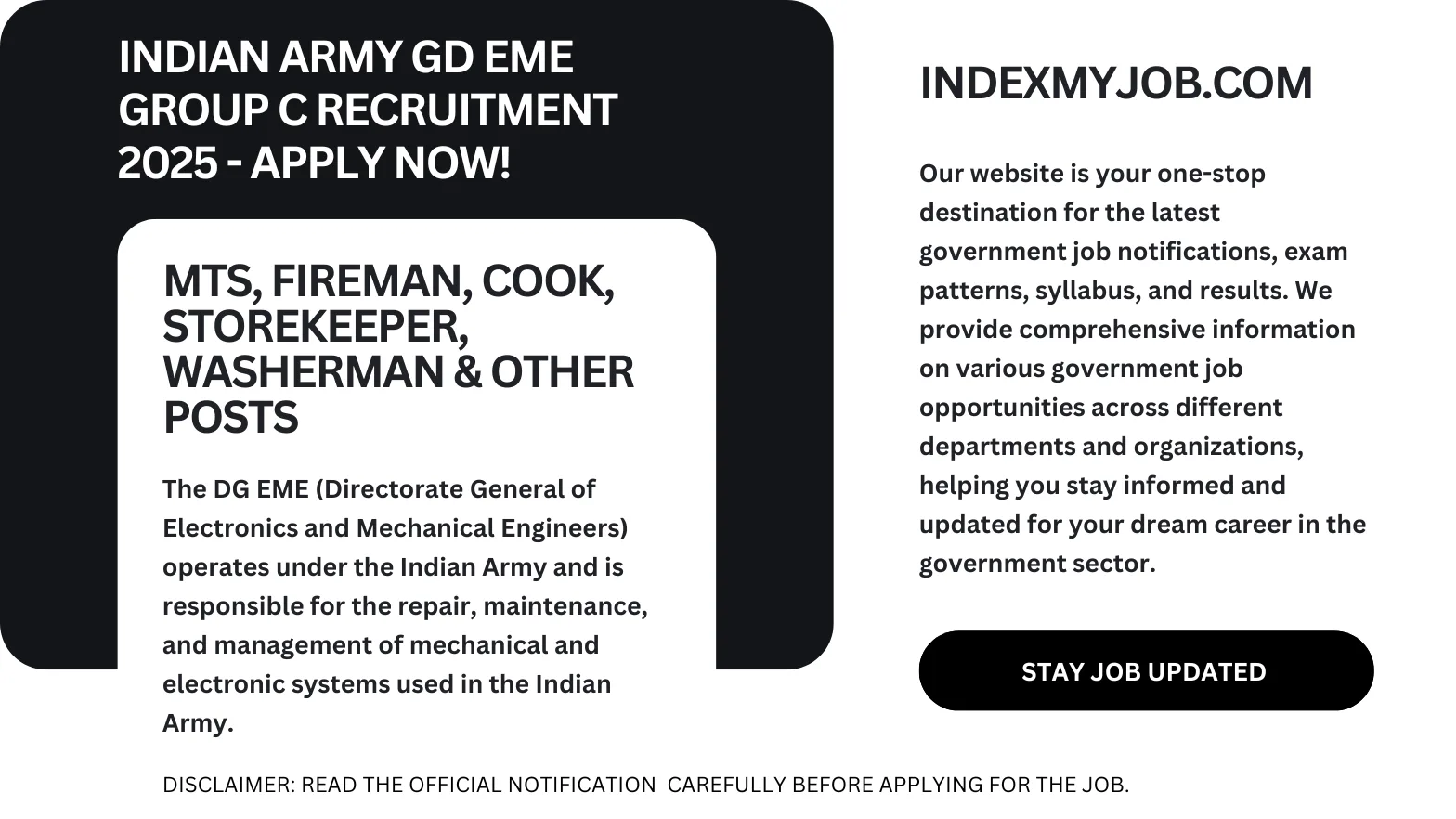 indian army gd eme group c recruitment 2025 Indian Army GD EME Group C Recruitment 2025 – Apply for MTS, Fireman, Cook, Storekeeper and other posts