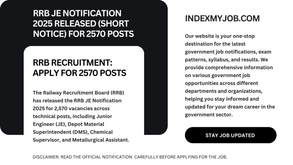 RRB JE Notification 2025 short notice released for 2570 posts including Junior Engineer, DMS, and other technical roles.