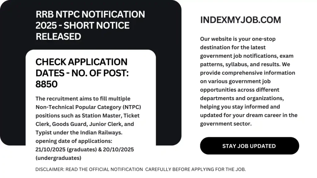 RRB NTPC Notification 2025 Short Notice Apply online for 8,850 posts of Station Master, Ticket Clerk, and Typist under Indian Railways